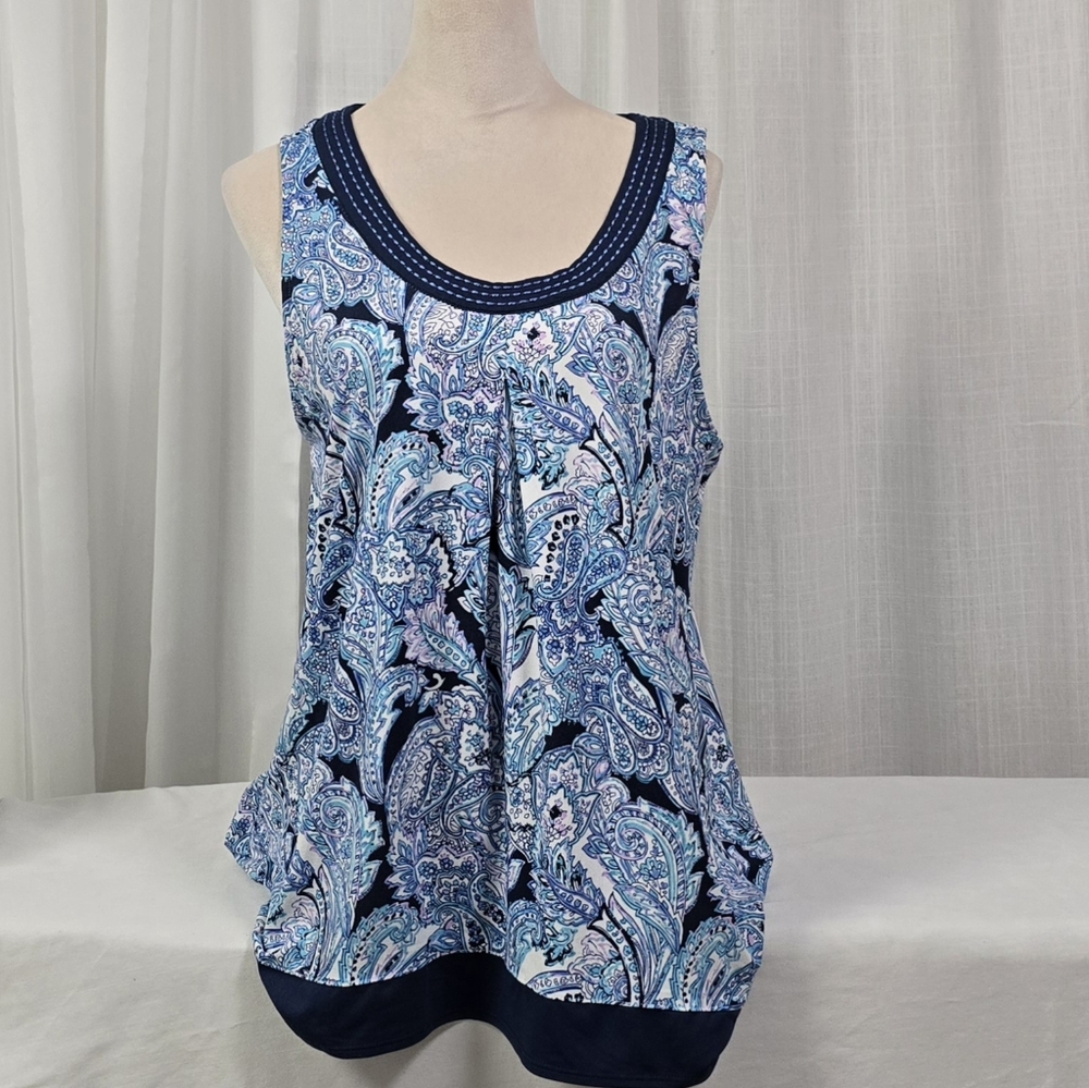 2/$30 Ellen Tracy Retro Paisley Print Sleeveless Blue Spring Summer Top Size L